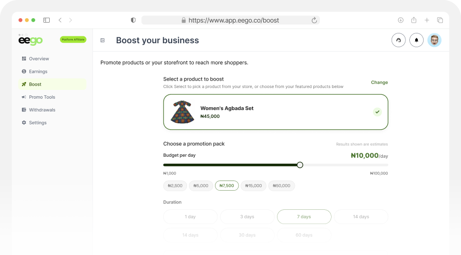 Eego Boost your business dashboard